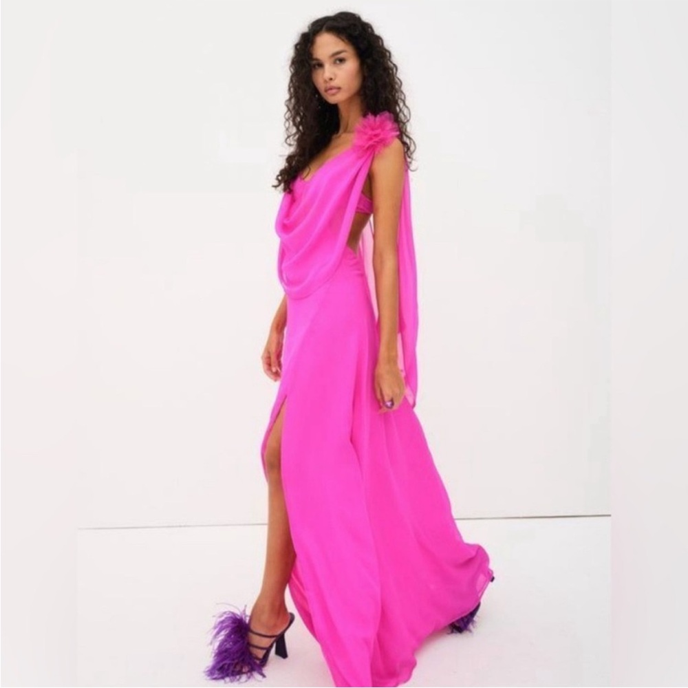 For Love And Lemons Davis Chiffon Bright Pink‎ Underwire Maxi Dress Gown - Picture 3 of 13